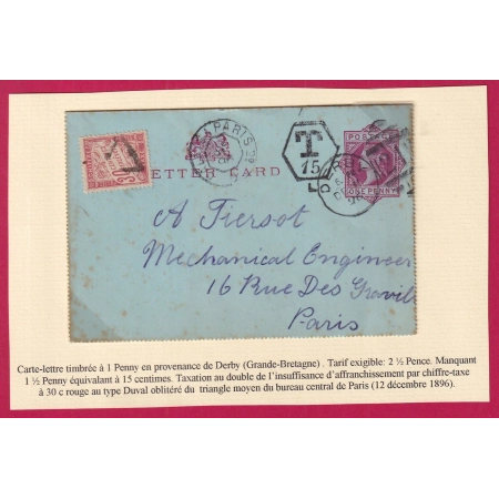 ENTIER ONE PENNY REINE VICTORIA DERBY ANGLETERRE TAXE 30C ROUGE DUVAL POUR PARIS