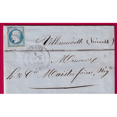 N°14 BDF CAD TYPE 13 PC 1747 LODEVE 4 OCT 1854 POUR VILLENEUVETTE INDICE 14