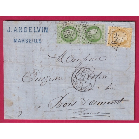 N°53 PAIRE + N°59 GC 6326 MARSEILLE PLACE CENTRALE POUR BOIS D'AMONT JURA DEVANT DE LETTRE AVEC RABATS