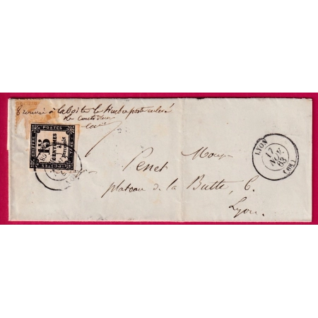 TAXE N°3 LYON RHONE MENTION TROUVE A LA BIOITE TIMBRE POSTE ENLEVE ON VOIT ENCORE UNE PARTIE DE TIMBRE RARE