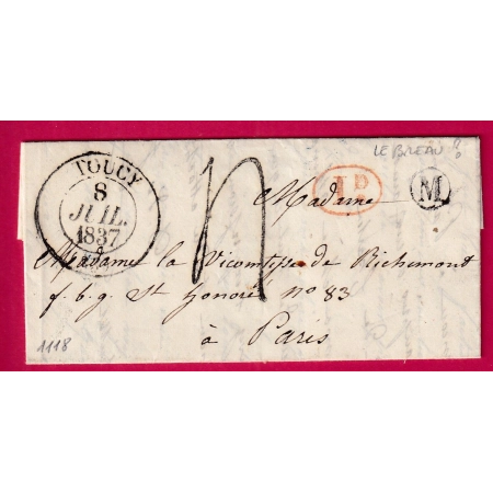 CAD TYPE 13 TOUCY YONNE BOITE RURALE M LE BREAU ?? DECIME RURAL POUR PARIS 1837