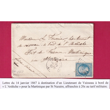 N°22 ST FOY LA GRANDE GIRONDE TARIF MILITAIRE POUR FORT DE FRANCE MARTINIQUE LIEUTENANT DE VAISSEAU A BORD DE L'ARDECHE