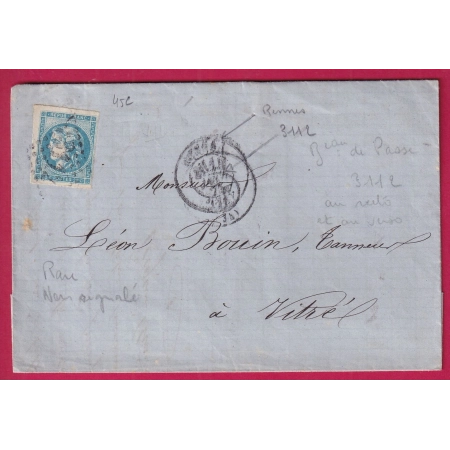 N° 45C BUREAU DE PASSE 3112 RENNES + CAD TYPE 17 RENNES ILLE ET VILAINE GC 3112 POUR VITRE RARE FRAPPE RECTO VERSO