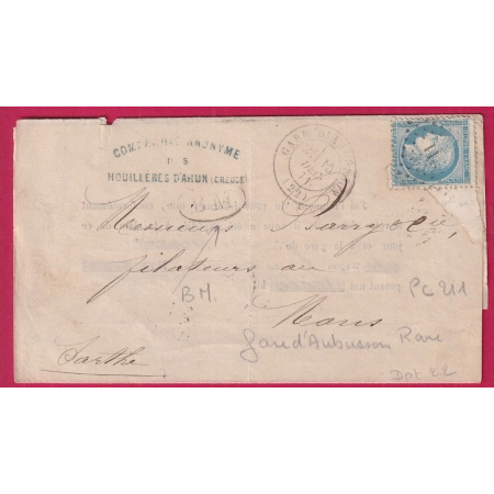 N°60 BDF PC DU GC 211 CAD GARE AUBUSSON 1871 BOITE MOBLE HOUILLERES D'AHUN CREUSE INDICE 14 + BM