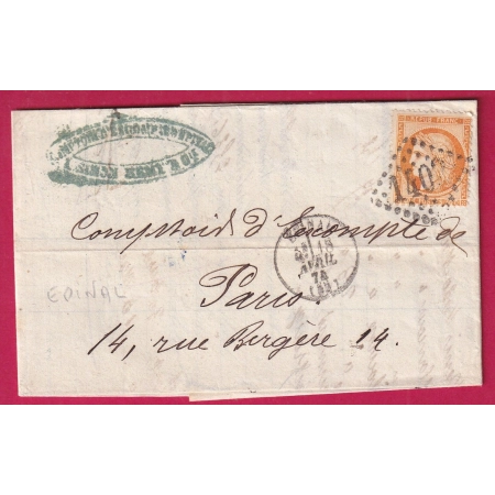N°38 GC 1402 EPINAL VOSGES POUR PARIS CAD TYPE 16 1874 AU DOS PARIS 1 POSTE RESTANTE 1
