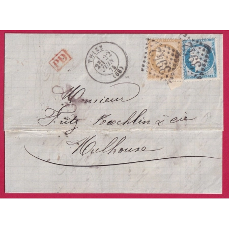 N°55 60 GC 3942 THIZY RHONE 1875 POUR MULHOUSE HAUT RHIN ALLEMAGNE 1875