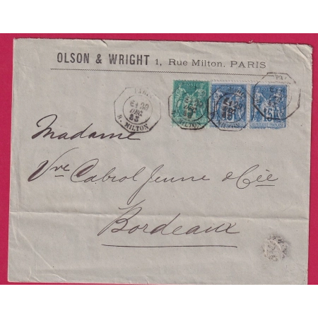 N°75 90 PAIRE LEVEE EXCEPTIONNELLE PARIS R MILTON 1883 POUR BORDEAUX DOUBLE PORT TARIF 35C