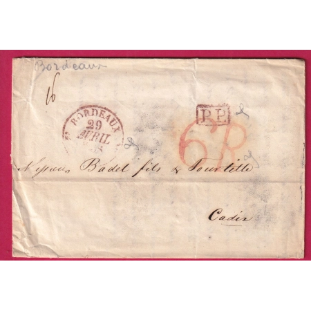 CAD TYPE 12 BORDEAUX EN ROUGE + PP TAXE 6 REALS ESPAGNE CADIZ CADIX 1838