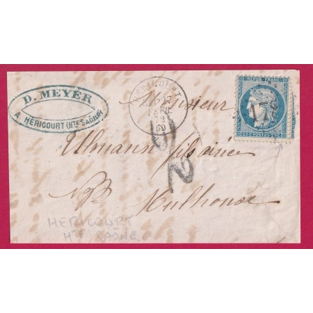 N°60 GC 1787 HERICOURT HAUTE SAONE TAXE ALLEMANDE 2 MULHOUSE HAUT RHIN DEVANT DE LETTRE FRONT COVER