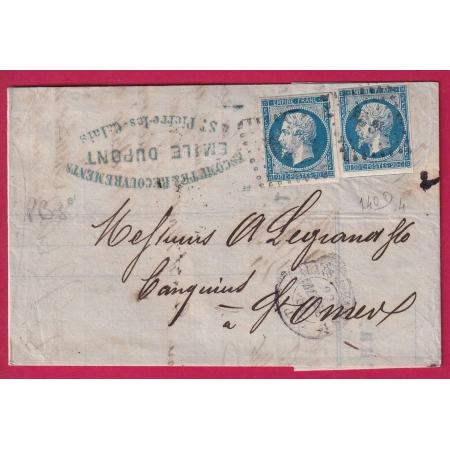 N°14 X2 AMBULANT CALAIS A PARIS 1° + LOSANGE PC3° DEPART ST PIERRE LES CALAIS POUR ST OMER PAS DECALAIS 1861
