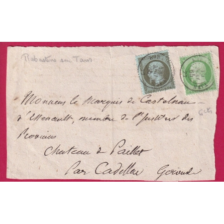 N°19 20 RARE TARIF A 6CTS CAD RABASTENS SUR TARN 1865 SUR BILLET POUR CADILLAC GIRONDE