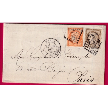 N°38 56 GC 2298 CAD TYPE 18 MEAUX SEINE ET MARNE POUR PARIS 1875