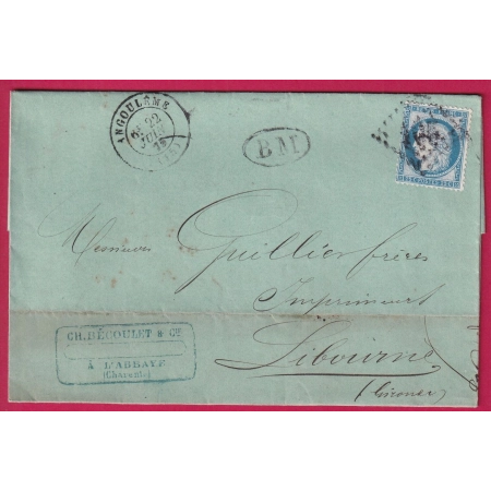 N°60 GC ANGOULEME CHARENTE BM BOITE MOBLE L'ABBAYE POUR LIBOURNE GIRONDE PAPIER COULEUR VERT