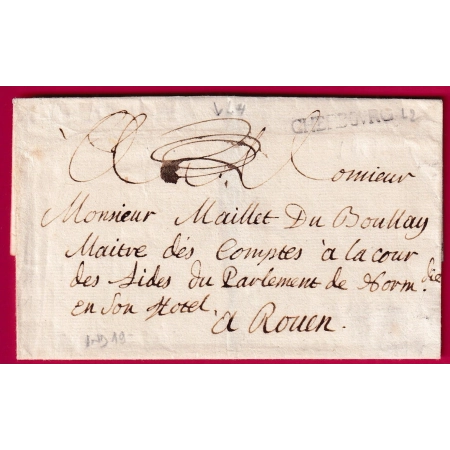 MARQUE PP MANUCSCIT CHERBOURG MANCHE LN°4 LN°2 POUR ROUEN TAXE 7 SOLS AU DOS INDICE 19