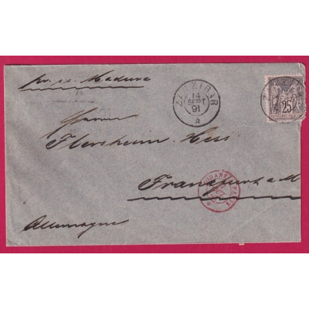 N°97 CAD ZANZIBAR 1891 POUR FRANCFORT ALLEMAGNE GERMANY ENTRE ROUGE AMBULANT MODANE A PARIS