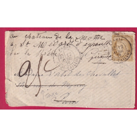 N°55 CAD PARIS GROS CAILLOU CACHET FACTEUR ET TAXE 25C MANUSCRIT DE REEXPEDITION POUR ST MEDARD GIRONDE