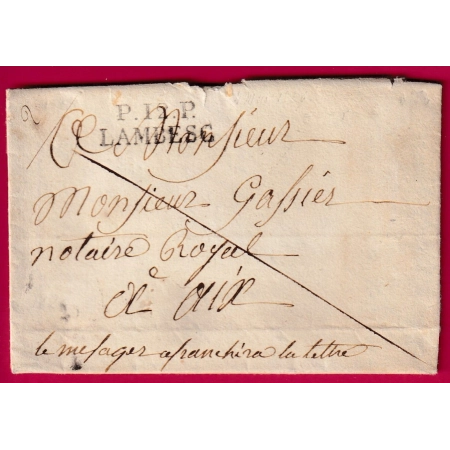 MARQUE P12P LAMBESC BOUCHES DU RHONE POUR AIX EN PROVENCE CHARLEVAL 1826 MENTION LE MESSAGER AFFRANCHIRA LE LETTRE