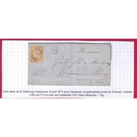 N°55 OBLITERATION OR ST DIDIER SUR CHALARONNE AIN POUR GARNERAND 1872 THOISSEY