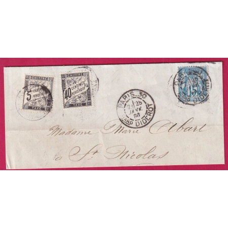 N°90 PARIS 30 Bard DIDEROT 1886 1886 TAXE TYPE DUVAL 40C ET 5C NOIR ST ROMAIN LOT ET GARONNE