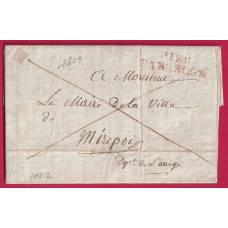 MARQUE P12P TARASCON BOUCHES DU RHONE EN ROUGE POUR MARSEILLE 1809 INDICE 12 MIREPOIX ARIEGE