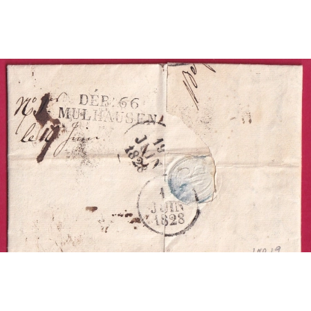 DEBOURSE DEB 66 MULHAUSEN MULHOUSE HAUT RHIN 1828 DEPART BELFORT REEXPEDIEE STRASBOURG