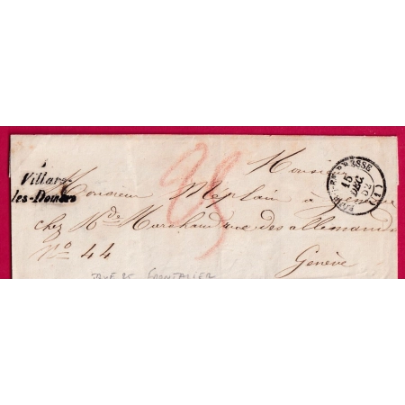RARE CURSIVE EN TARIF FRONTALIER 1 VILLARS LES DOMBES POUR GENEVE SUISSE TAXE SUISSE 25 EN ROUGE