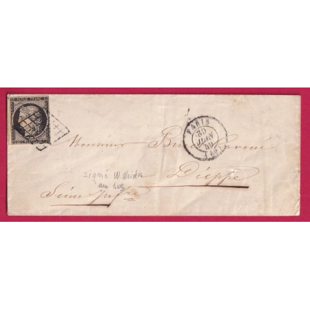N°3 GRILLE PARIS 30 JUIN JUILLET 1849 POUR DIEPPE SEINE INFERIEURE SIGNE W WEID AU DOS