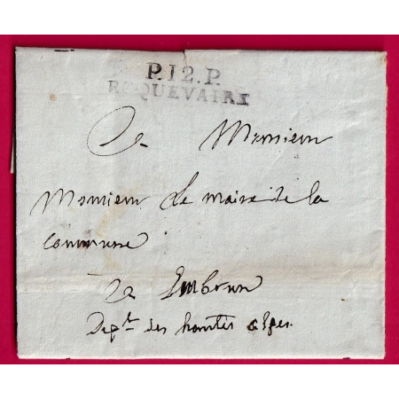 MARQUE P12P ROQUEVAIRE BOUCHES DU RHONE 1812 LE MAIRE DE AURIOL POUR EMBRUN  HAUTES ALPES TAXE 5 DENIERS AU DOS