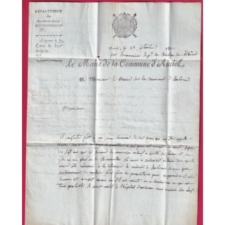 MARQUE P12P ROQUEVAIRE BOUCHES DU RHONE 1812 LE MAIRE DE AURIOL POUR EMBRUN  HAUTES ALPES TAXE 5 DENIERS AU DOS