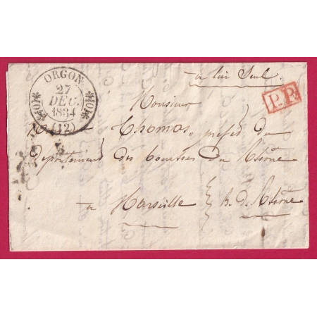 CAD TYPE 11 ORGON BOUCHES DU RHONE PP ROUGE 1834 POUR MARSEILLE RABAT COLLE AU DOS INDICE 10