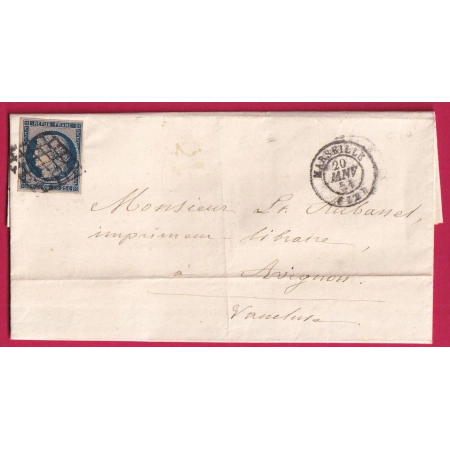 N°4 BLEU FONCE TTB / SUP GRILLE MARSEILLE BOUCHES DU RHONE 1851 POUR AVIGNON VAUCLUSE
