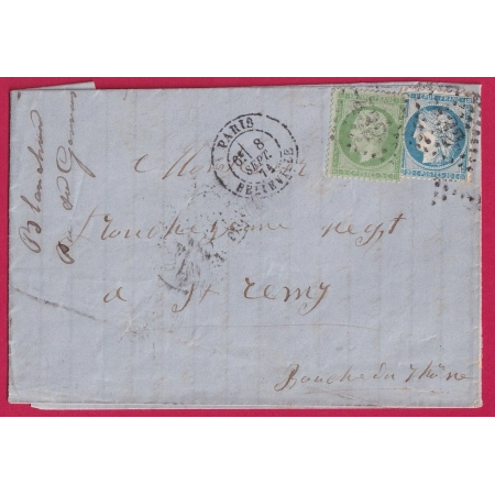 N°20 37 GC REFAIT 432 PARIS BELLEVILLE 8 SEPTEMBRE 1871 POUR ST REMY BOUCHES DU RHONE