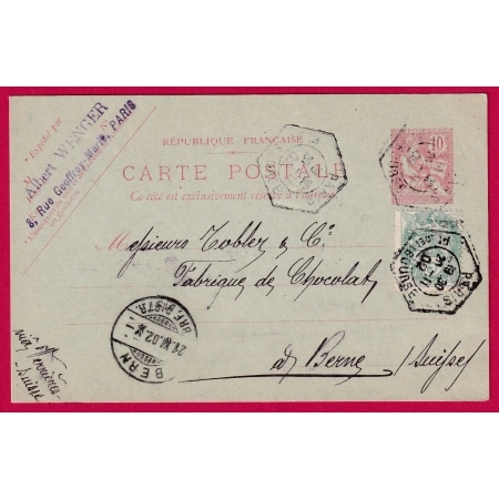 ENTIER MOUCHON + N°111 LEVEE EXCEPTIONNELLE PARIS PL DE LA BOURSE POUR BERNE SUISSE