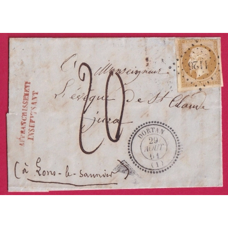 N°13 PC 1126 DORTAN AIN CAD TYPE 22 TAXE 20 GRIFFE FABRICATION LOCALE AFFRANCHISSEMENT INSUFFISANT LONS LE SAULNIER JURA