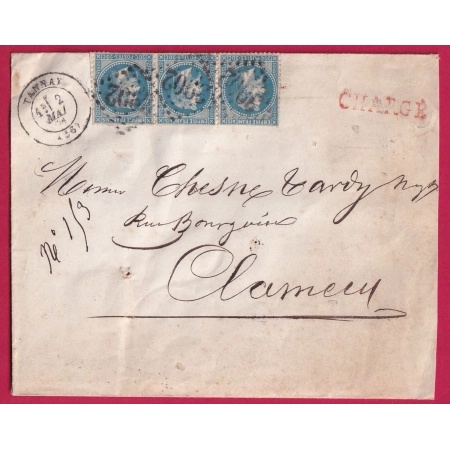 N°29 BANDE DE 3 GC 3902 TANNAY NIEVRE LETTRE CHARGE POUR CLAMECY