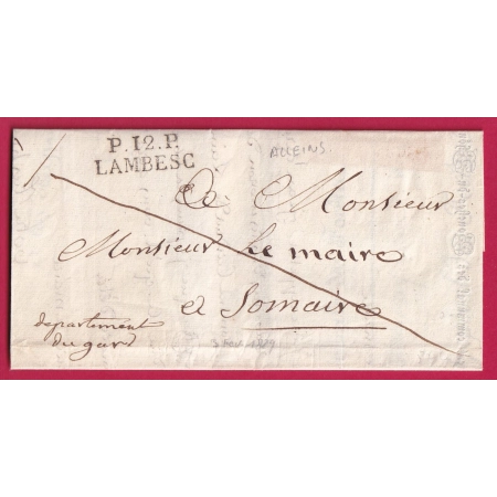 MARQUE P12P LAMBESC BOUCHES DU RHONE TEXTE LE GARDE GENERAL DES FORETS ALLEINS 1829 SOMMIERES GARD TEXTE IMPRIME