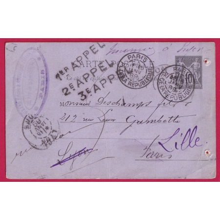 ENTIER SAGE PARIS POUR PARIS REEXPEDIE LILLE LYON 1ER 2EME 3EME APPEL 1889 AU DOS REBUT DE PARIS EN ROUGE