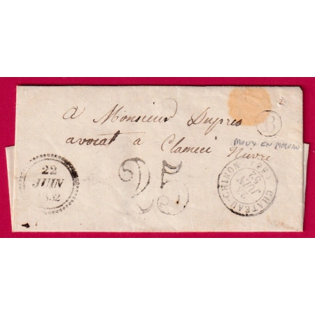 DATEUR B SANS CURSIVE BOITE RURALE B MOUX EN MORVAN NIEVRE TYPE 15 CHATEAU CHINON POUR CLAMECY 1852