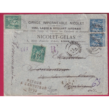 N°75X2 P0 PAIRE CHARGEMENT LYON RECOMMANDE RETOUR ENVOYEUR 1094 COMPIEGNE OISE 1888