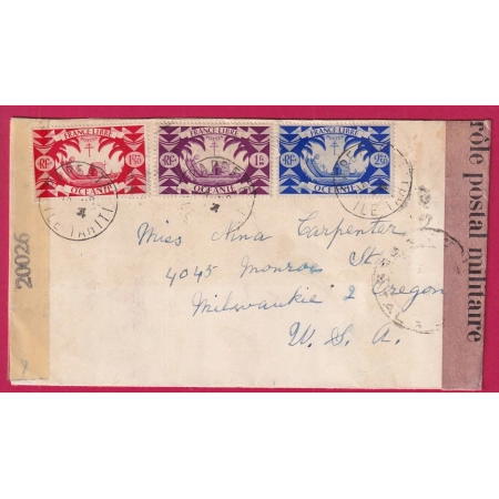 TAHITI ETS FRANCAIS OCEANIE PAPEETE FRANCE LIBRE 1944 DOUBLE CENSURE POUR MILWAUKEE OREGON USA  DAGUIN AU DOS
