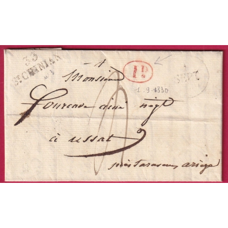 MARQUE 33 ST CHINIAN HERAULT + DECIME RURAL RARE EN 1830 POUR USSAT ARIEGE