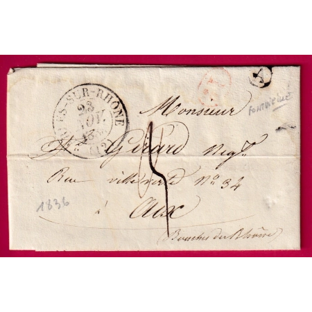 CAD TYPE 13 ARLES SUR RHONE BOUCHES DU RHONE BOITE RURALE A FONTVIELLE + DECIME RURAL 1836 POUR AIX