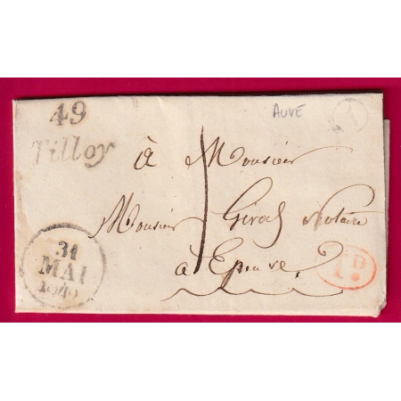 CURSIVE 49 TILLOY MARNE BOITE RURALE A + DECIME RURAL DE AUVE 1845 TAXE LOCALE 1