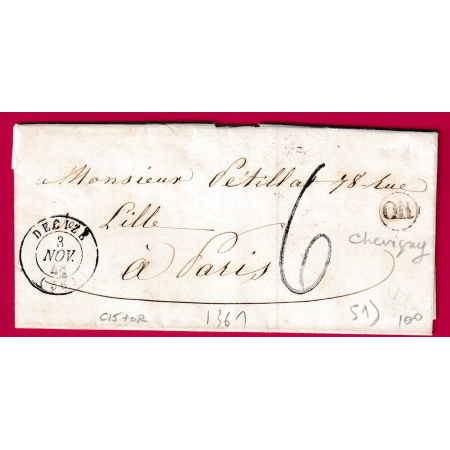 CAD TYPE 15 DECIZE NIEVRE TAXE TAMPON 6 OR DE CHEVIGNY POUR PARIS 1848