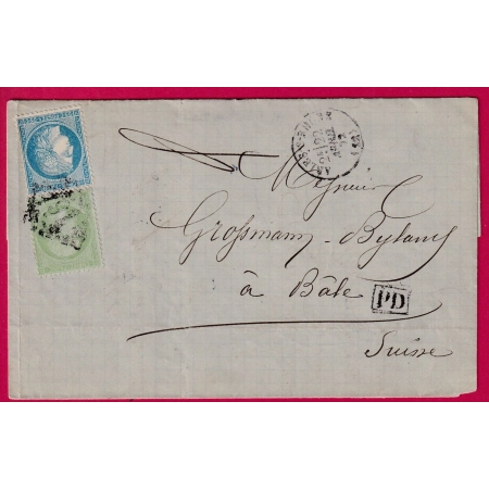 N°60 35 GC 164 ARLES BOUCHES DU RHONE  22 AVRIL 1872 POUR BALE SUISSE