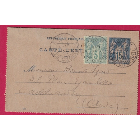 ENTIER 15C SAGE N° 75 LEVEE EXCEPTIONNELLE PARIS R DE CHOISSEUL E1 POUR CASTELNAUDARY AUDE