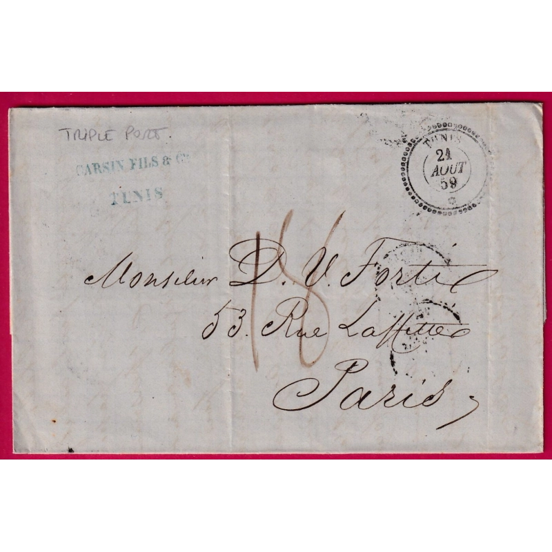 CAD TUNIS TUNISIE TAXE MANUSCRITE 18 TRIPLE PORT POUR PARIS BFE