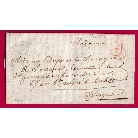 CAD TYPE 12 CASTRES EN BLEU GIRONDE DECIME RURAL PORTETS 1837 POUR ST ANDRE DE CUBZAC