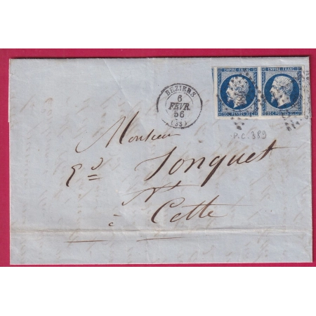 N°14 PAIRE BLEU NOIR PC 389 BEZIERS HERAULT 1856 POUR CETTE