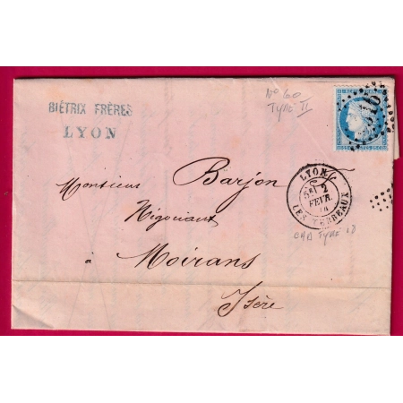 N°60B TYPE II LYON LES TERREAUX LETTRE DE COULEUR ROSE POUR MOIRANS ISERE 1874